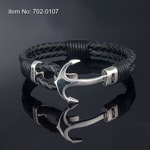 Sterling Silver Black Nautical Themed Handmade Genuine Leather Men's Bracelet